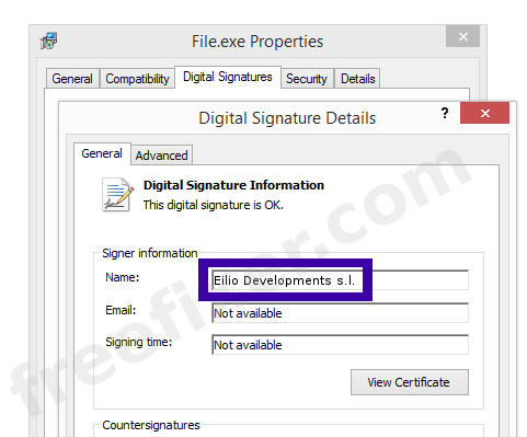Screenshot of the Eilio Developments s.l. certificate
